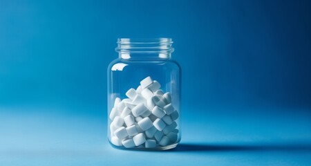 Poster -  A jar of white pills against a blue background