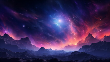 Wall Mural - cosmic landscape with nebula and stars in the background and mountains in the foreground wallpaper