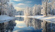 Snow-draped trees mirrored in water, evoking serenity and nostalgia