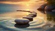 Tranquil sunset over Zen path with smooth stones above water, symbolizing peace and the promise of a bright future
