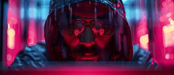 Poster - Hacker with laptop and server room behind him. Hacking activity, hackers, DDoS attacks, digital system security, fraud money, cyberattack threat, malware virus alert concept.