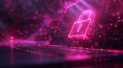 Poster - Lock on laptop screen. Low poly wireframe  illustration. Secure digital data concept. Starry sky on dark background. Polygonal notebook and lock on green background.