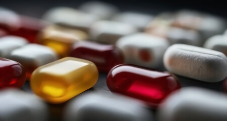 Poster -  Vibrant pills in a pile, close-up