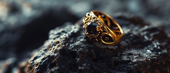 Jewelry diamond ring on black background with bokeh. Wedding content with Copy Space.