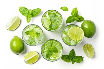 Poster - Isolated top view of a mojito cocktail or soda drink with lime and mint. From top to bottom.