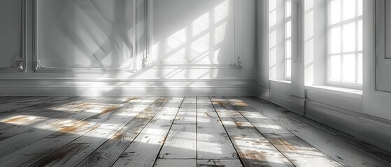 Poster - An interior white room with wood plank floor and shadow cast by the sun, a viewpoint of minimal design architecture in 3D
