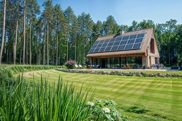 Wall Mural - Solar panels in a suburban house roof