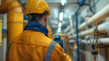 Poster - Technician using ultrasonic leak detector on indoor piping. Generative AI.