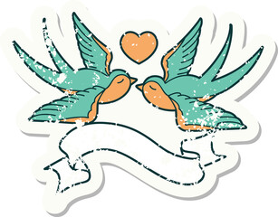 Wall Mural - grunge sticker with banner of a swallows and a heart