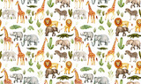 Fototapeta Dziecięca - cute jungle animals on white water color background seamless repeating pattern tile	