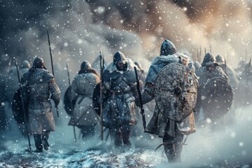 A group of medieval warriors with shields and spears march through heavy snow, possibly heading to battle