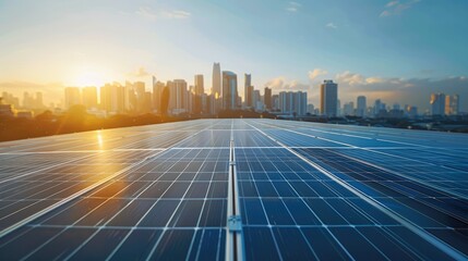 Aufkleber - Solar panels sprawling across a rooftop, with the city skyline in the background under a clear sky. Generative AI.