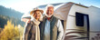 A senior couple smiling in front of their camper van, ready for an off-road adventure. Concept an active retirement lifestyle, eco-tourism, wellness retreat. Banner. Copy space.