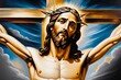 Ölgemälde von Jesus Christus am Kreuz, Gold, Schwarz, Blau, Rot und Grau.