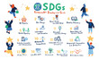 SDGs 17の目標と人々のイラストセット　SDGs 17 goals icon set
