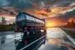 Oil truck on the highway at sunset. Transportation and logistics concept.
