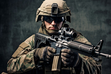 Leinwandbilder - Ukrainian military army soldiers in uniform with weapons in war fighting against aggressor generative AI