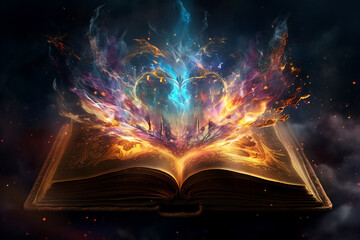 Poster - Generative ai collage of bewitched magic book open page with bright glitter bokeh