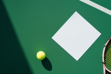 Tennis concept with racket, balls, and blank paper on green court, suitable for sports marketing and event promotions