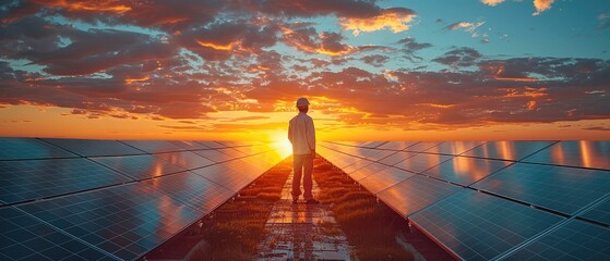 Poster - Engineer Walking On Industrial Solar Panel At sunset. Inspecting Energy Farm. Generative AI.
