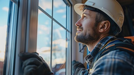 Aufkleber - Worker installing a window at house. Generative AI.