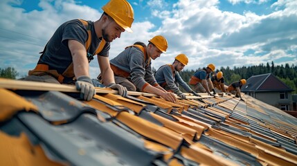 Poster - Group of worker roofing who are covering the roof of a newly built house. Generative AI.