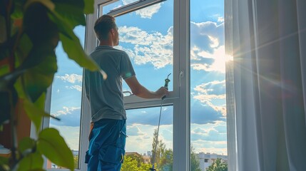 Aufkleber - Operator installing a mosquito window with tools. Generative AI.