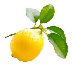 Wall Mural - A yellow lemon is sitting on a leaf Isolated on transparent background, PNG