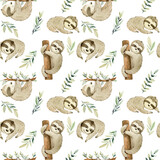 Fototapeta Dziecięca - Watercolor seamless pattern with sloths. Exotic wallpaper for fabric, wrapping paper , etc