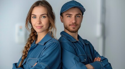 Poster - Man and woman Plumber team standing near to each other back to back isolated on white background. Generative AI.