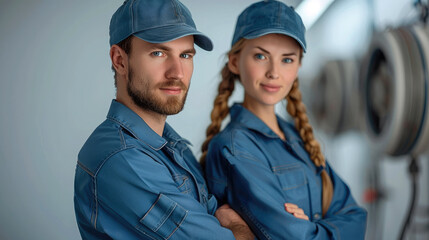 Poster - Man and woman Plumber team standing near to each other back to back isolated on white background. Generative AI.