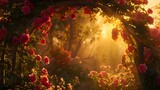 Fototapeta Przestrzenne - Enchanting rose archway in golden hour light, romantic natural scene for diverse use. peaceful outdoor aesthetic. AI