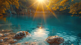 Fototapeta  - Majestic view on turquoise water and sunny beams in the Plitvice Lakes National Park. Croatia. Europe. Dramatic unusual scene. Beauty world. Retro filter and vintage style. Instagram toning effect.