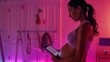 Expectant mother in a tranquil gym environment engages with a prenatal routine on an AI-enhanced device, symbolizing modern maternity care