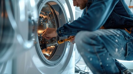 Man fixing up washing machine with tools. Generative AI.