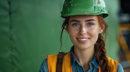 Poster - Smiling female engineer with green safety helmet and vest on plain green background. Generative AI.