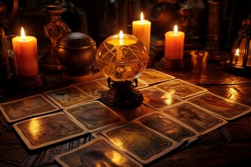 Tarot cards on the table with burning candles, fortune-telling in a mysterious atmosphere.