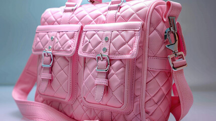 The pink bag has three compartments and two pockets, in the style of contemporary quilts. Generative AI.