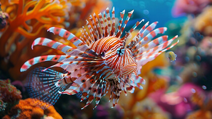 Wall Mural - Regal lionfish displaying its intricate patterns amidst colorful coral formations. 