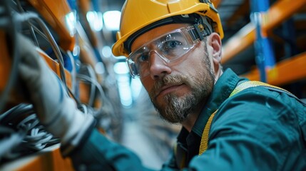 Poster - Professional electrical contractor doing electrical works in the warehouse, holding wiring, wearing protective gloves. Generative AI.