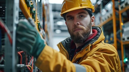 Poster - Professional electrical contractor doing electrical works in the warehouse, holding wiring, wearing protective gloves. Generative AI.