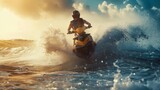 An action-packed image of a jet ski racer speeding over the ocean's surface, splashing through waves with the golden sunset in the background.
