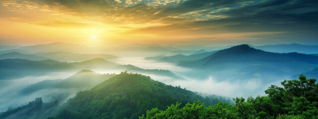 Wall Mural - A beautiful mountain range with a sun setting in the background