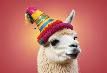 Wall Mural - Llama wearing colourful traditional hat on a red yellow background