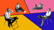 © master1305 - Contemporary art collage. Tired young people sitting in office and their co-workers working online in comfy environment. Concept of business, multitasking and time management, hybrid work.