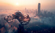 Aerial urban transport drone soaring over a nocturnal city