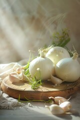 Wall Mural - Blub vegetables on a light-coloured rustic wooden board. Close-up with natural lights.