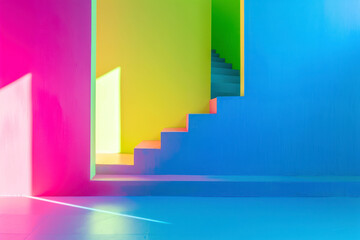 Fototapete - A striking gradient background fading from electric blue to neon green geometric shapes.