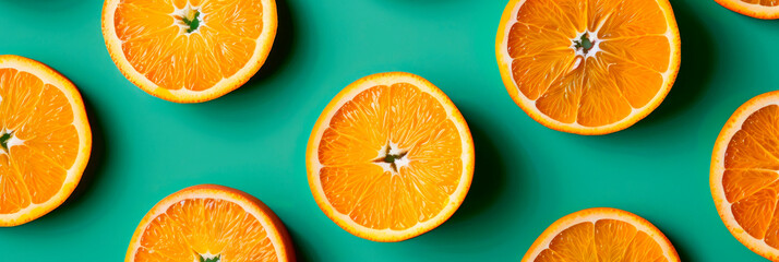 Poster - fruit pattern of fresh orange slices on green background. Top view