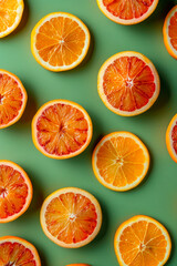 Poster - fruit pattern of fresh orange slices on green background. Top view